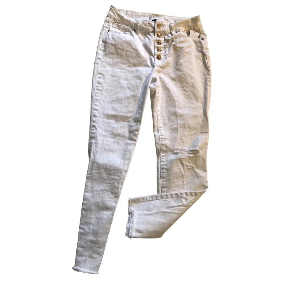 Rewash Brand Gold Button Fly Distressed #Bemore Women's Jeans White 9/29 Raw Hem